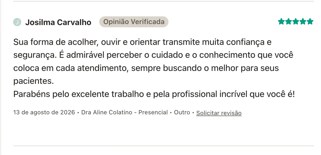 Avaliação verificada de paciente da Dra. Aline Colatino